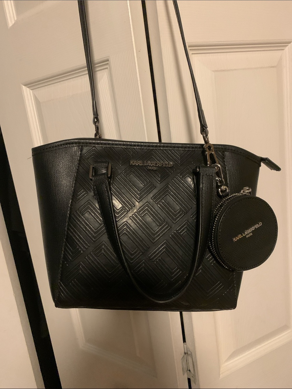 NWOT Crossbody Karl Lagerfeld Black Leather Embossed Tote with Round Coin Pouch